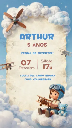 Convite de Aniversário Aviador Fofo para Editar Online