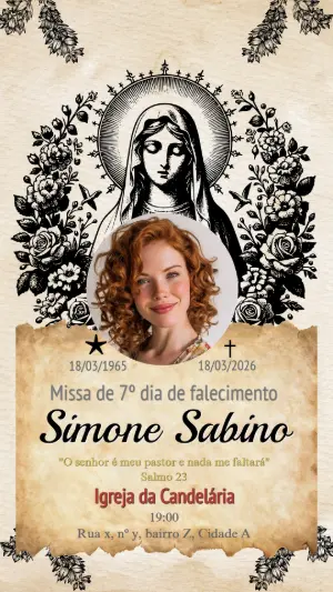 Convite Missa de Sétimo Dia Nossa Senhora Floral Editável