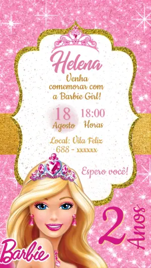 Convite de Aniversário Barbie Rosa com Glitter para Editar