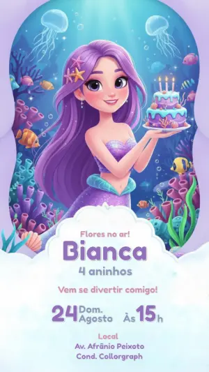Convite Digital Sereia Mágica Aniversário Infantil Editável