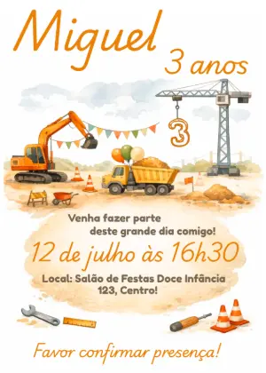 Convite de Aniversário Construção Aquarela para Editar