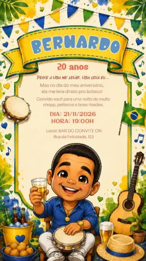 Convite de Aniversário Zeca Pagodinho Boteco e Samba Editável