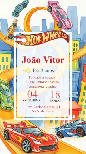 Convite de Aniversário Hot Wheels com Carros para Editar Online