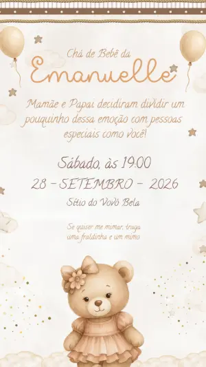 Convite Chá de Bebê Ursinha com Balões Aquarela para Editar