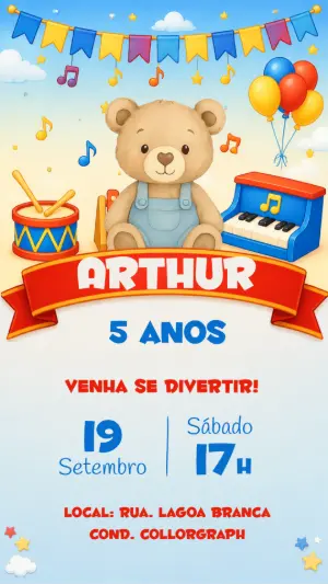 Convite Aniversário Fábrica de Brinquedos Ursinho Editável
