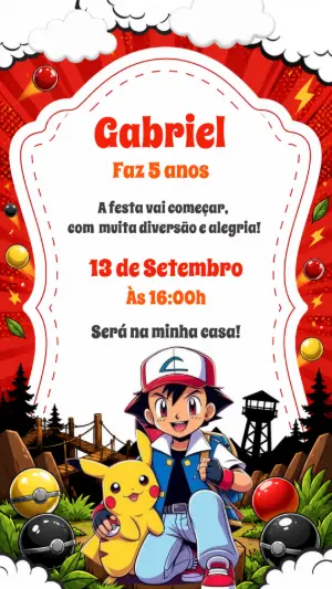 Convite de Aniversário Pokémon com Ash e Pikachu para Editar