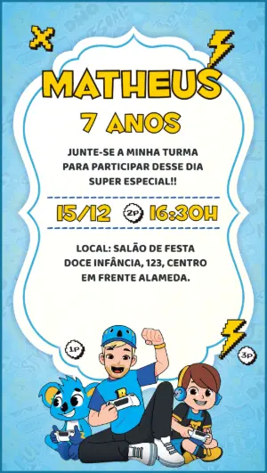 Convite de Aniversário Gamer Brancoala para Editar Online