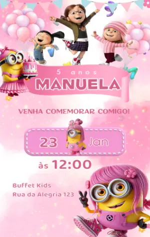 Convite de Aniversário Minions Menina para Editar Online