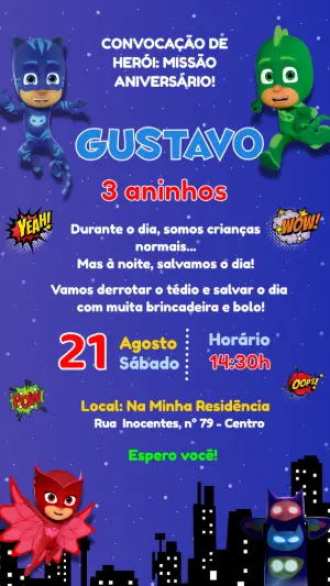 Convite de Aniversário Infantil PJ Masks Modelo Editável