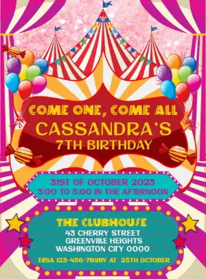 Pink Circus Birthday Invitation to Edit Online