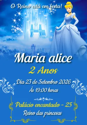 Convite de Aniversário Cinderela com Castelo para Editar Online