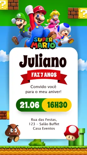 Convite de Aniversário Super Mario Colorido para Editar