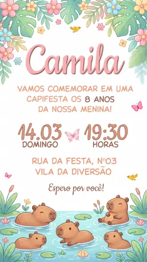 Convite de Aniversário Capivara Fofo Editável