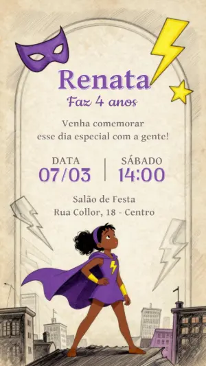 Convite de Aniversário Super-Heroína Ilustrado para Editar