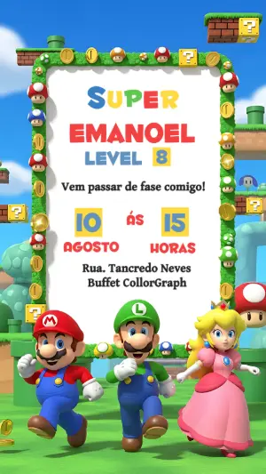 Convite de Aniversário Super Mario com Personagens para Editar