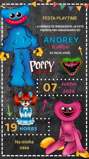 Convite de Aniversário Poppy Playtime Lousa para Editar