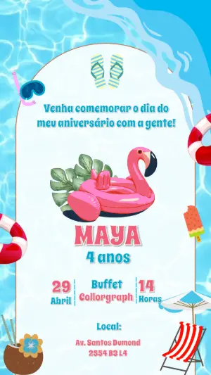 Convite Aniversário Pool Party com Flamingo para Editar Online