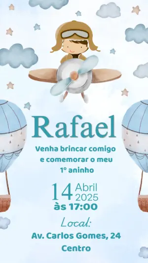 Convite Aniversário Menino Aviador Aquarela para Editar