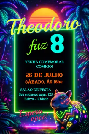 Convite de Aniversário Editável Capivara Neon Retrô