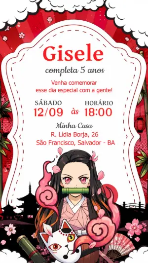 Convite de Aniversário Nezuko Demon Slayer para Editar