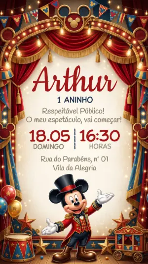 Convite de Aniversário Circo do Mickey Editável para Enviar