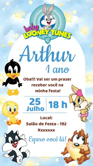 Convite de Aniversário Baby Looney Tunes Editável