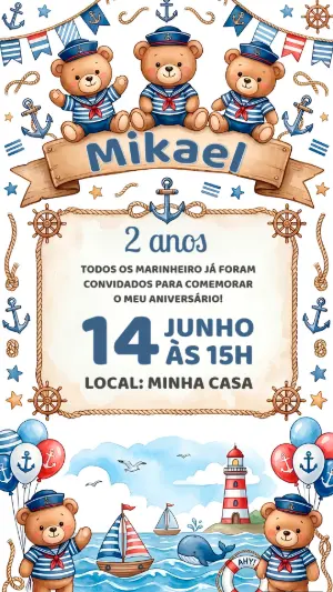 Convite de Aniversário Ursinho Marinheiro Editável