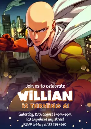 One-Punch Man Anime Birthday Invitation Editable Template