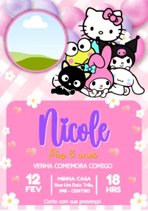 Convite de Aniversário Hello Kitty e Amigos Editável com foto