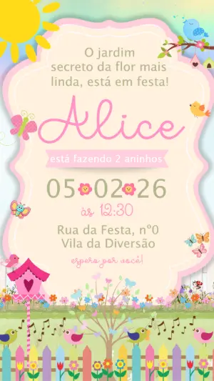 Convite Digital Aniversário Infantil Tema Jardim Secreto para Editar