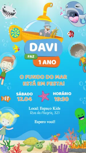 Convite de Aniversário Mundo Bita Fundo do Mar Editável