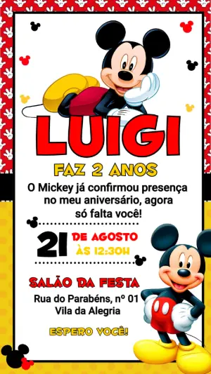 Convite Digital Aniversário Mickey Mouse Editável