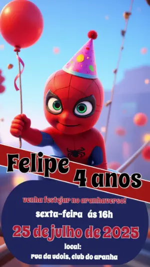 Convite Aniversário Homem Aranha Fofo para Editar Online