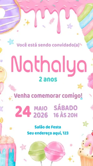 Convite de Aniversário Doces e Guloseimas Candy Color Editável
