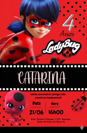 Convite de Aniversário Ladybug Vermelho e Preto Editável