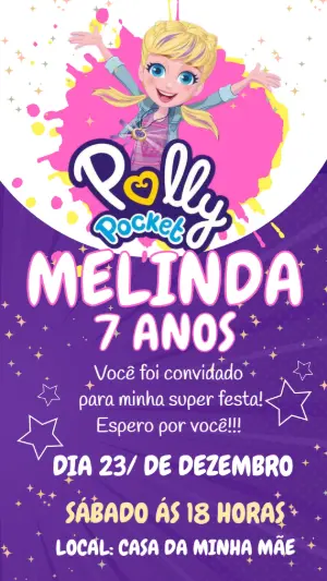 Convite Digital Polly Pocket Roxo e Rosa Modelo Editável