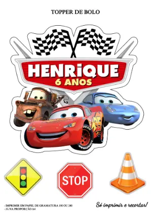 Topper de Bolo Carros Editável para Aniversário Infantil
