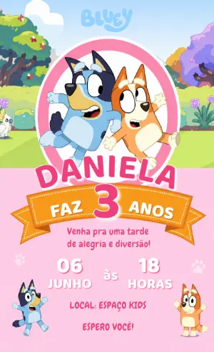 Convite de Aniversário Bluey Rosa Infantil para Editar