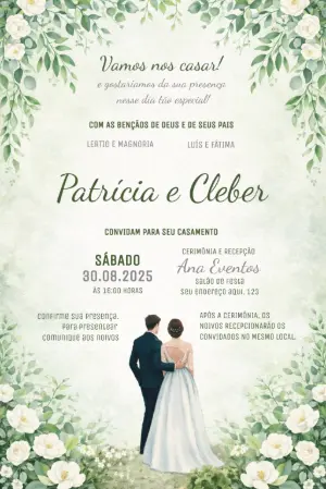 Convite de Casamento Elegante com Folhas Verdes Editável
