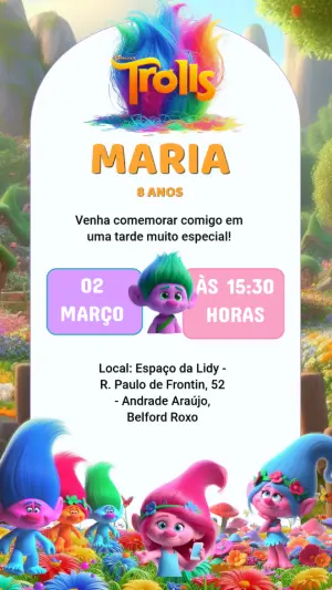Convite de Aniversário Trolls Colorido para Editar Online