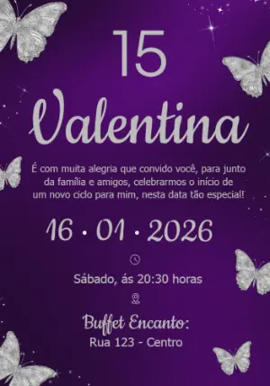 Convite de 15 anos Roxo e Prata com Borboletas para Editar