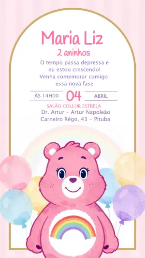 Convite Digital Ursinhos Carinhosos Rosa para Aniversário Editável