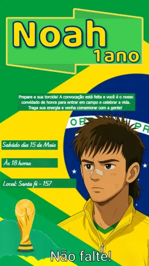 Convite de Aniversário Infantil Neymar Anime Futebol Brasil Editável
