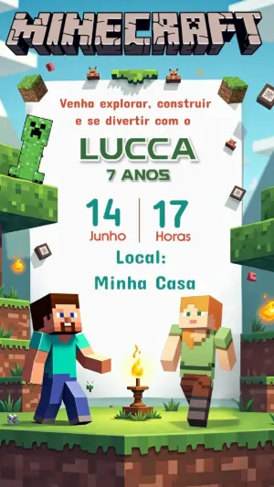 Convite de Aniversário Minecraft com Personagens para Editar