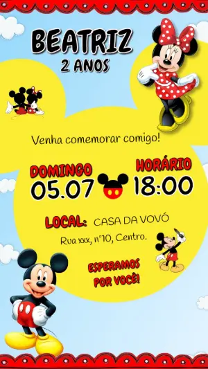 Convite de Aniversário Mickey e Minnie Colorido para Editar