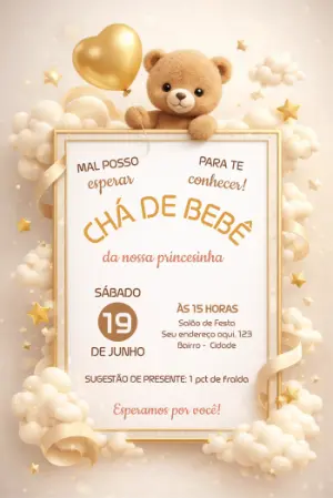 Convite Chá de Bebê Ursinho com Balão Dourado Editável