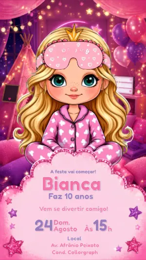Convite Festa do Pijama Menina Rosa e Lilás Editável