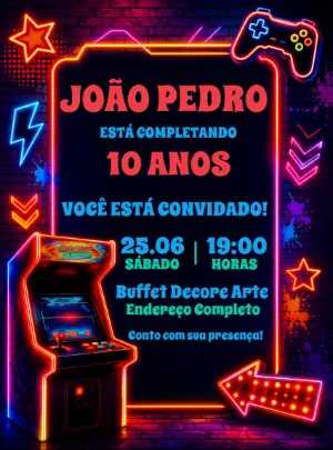 Convite de Aniversário Videogame Neon para Editar Online