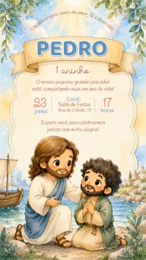 Convite Editável Aniversário Religioso Samuel Bíblico Aquarela