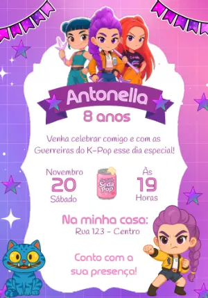 Convite Aniversário Guerreiras do K-Pop para Editar Online
